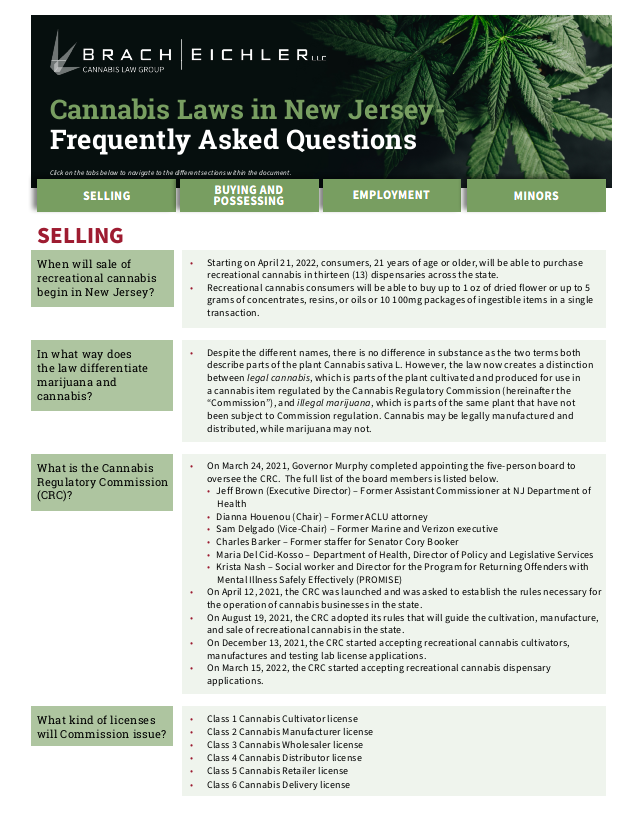 Cannabis Laws in New Jersey Frequently Asked Questions Brach Eichler