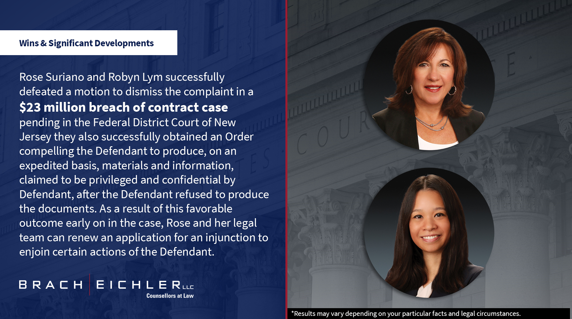 Rose Suriano and Robyn Lym successfully defeated a motion to dismiss the complaint in a $23 million breach of contract case