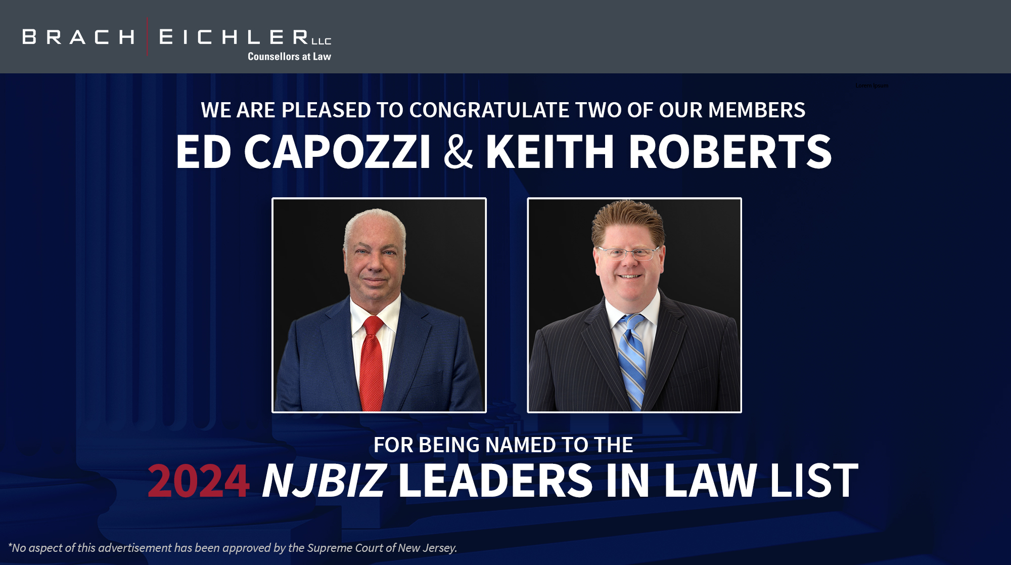 NJBIZ "Leaders In Law 2024" List - Brach Eichler