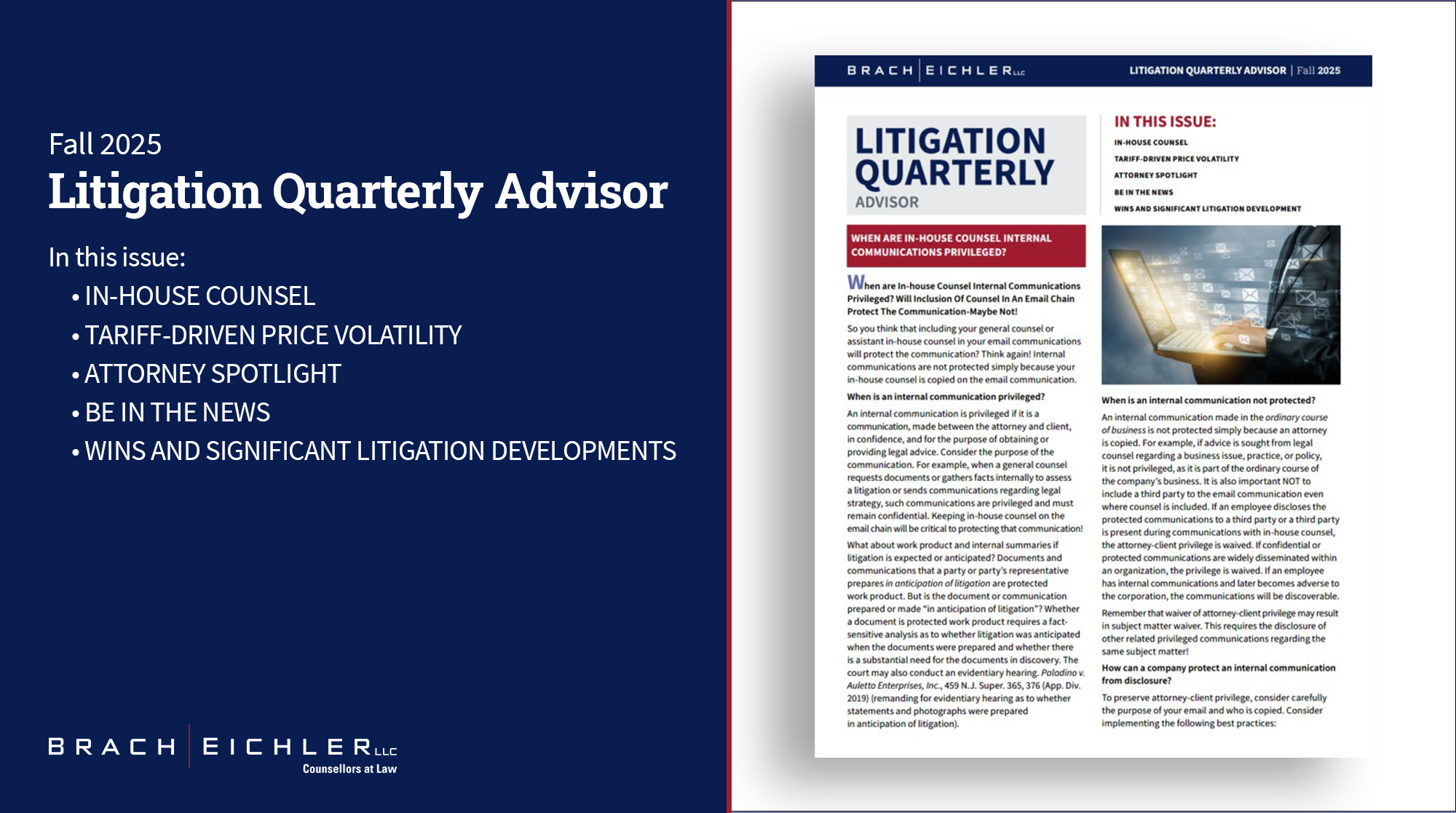 Brach Eichler Litigation Quarterly Advisor - Fall 2025