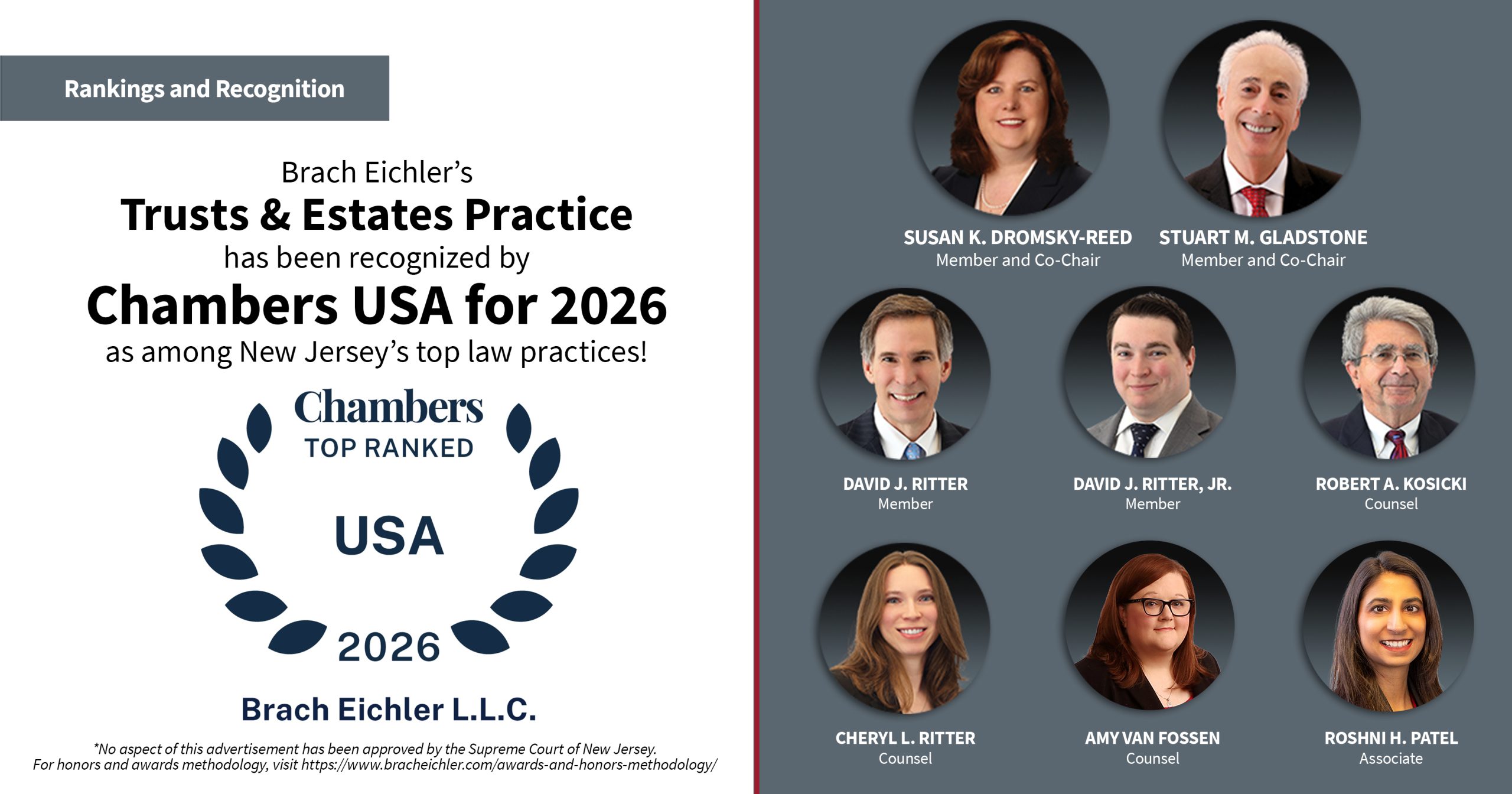 Brach Eichler's Trusts and Estates Practice Climbs to Band 2 in Chambers High Net Worth Guide, With Susan K. Dromsky-Reed Again Ranked Among New Jersey's Top Private Wealth Practitioners