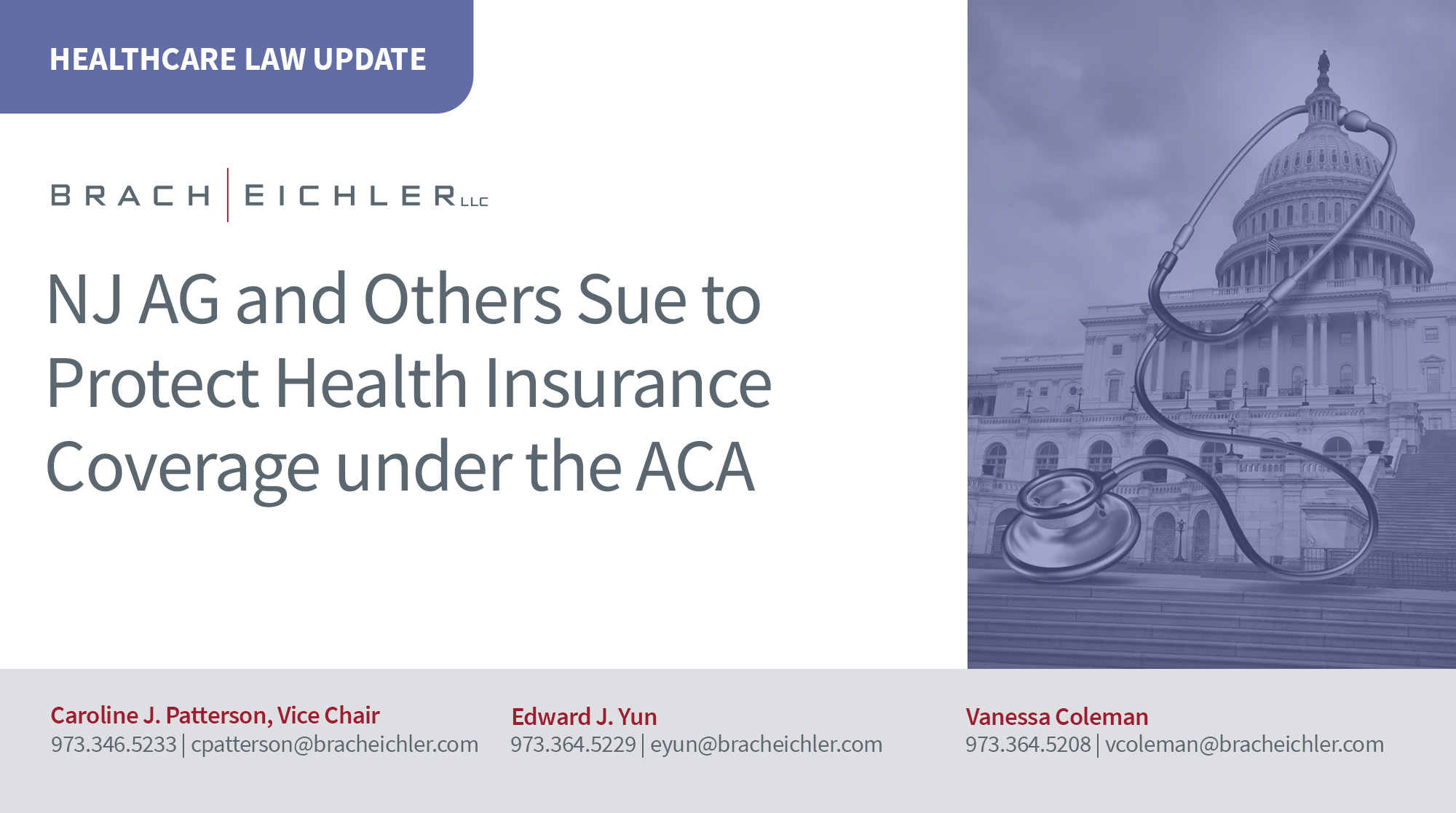 NJ AG and Others Sue to Protect Health Insurance Coverage under the ACA - Healthcare Law Update - October 2026 - Brach Eichler | Brach Eichler LLC NJ AG and Others Sue to Protect Health Insurance Coverage under the ACA - Healthcare Law Update - October 2026 - Brach Eichler